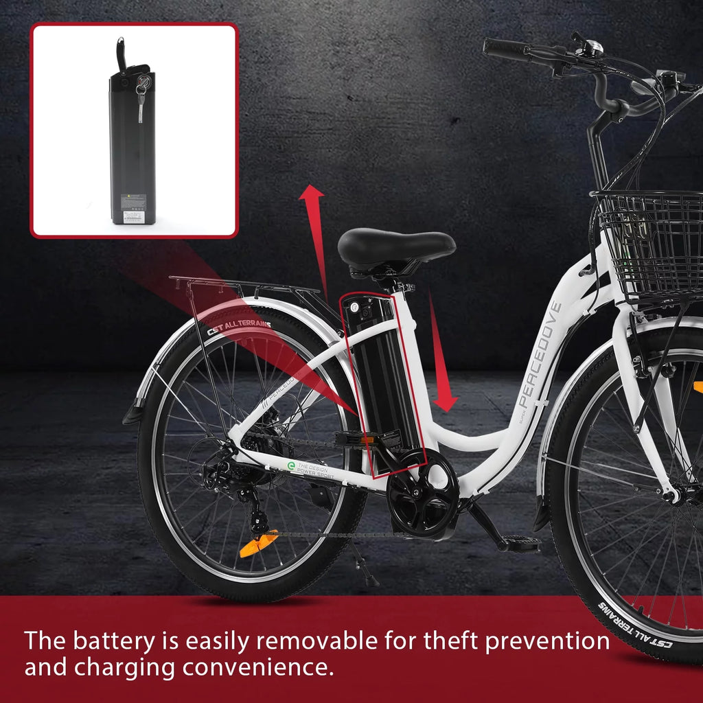 26 Inch 350 W White 7 Speed Electric Bicycle with Basket M65528