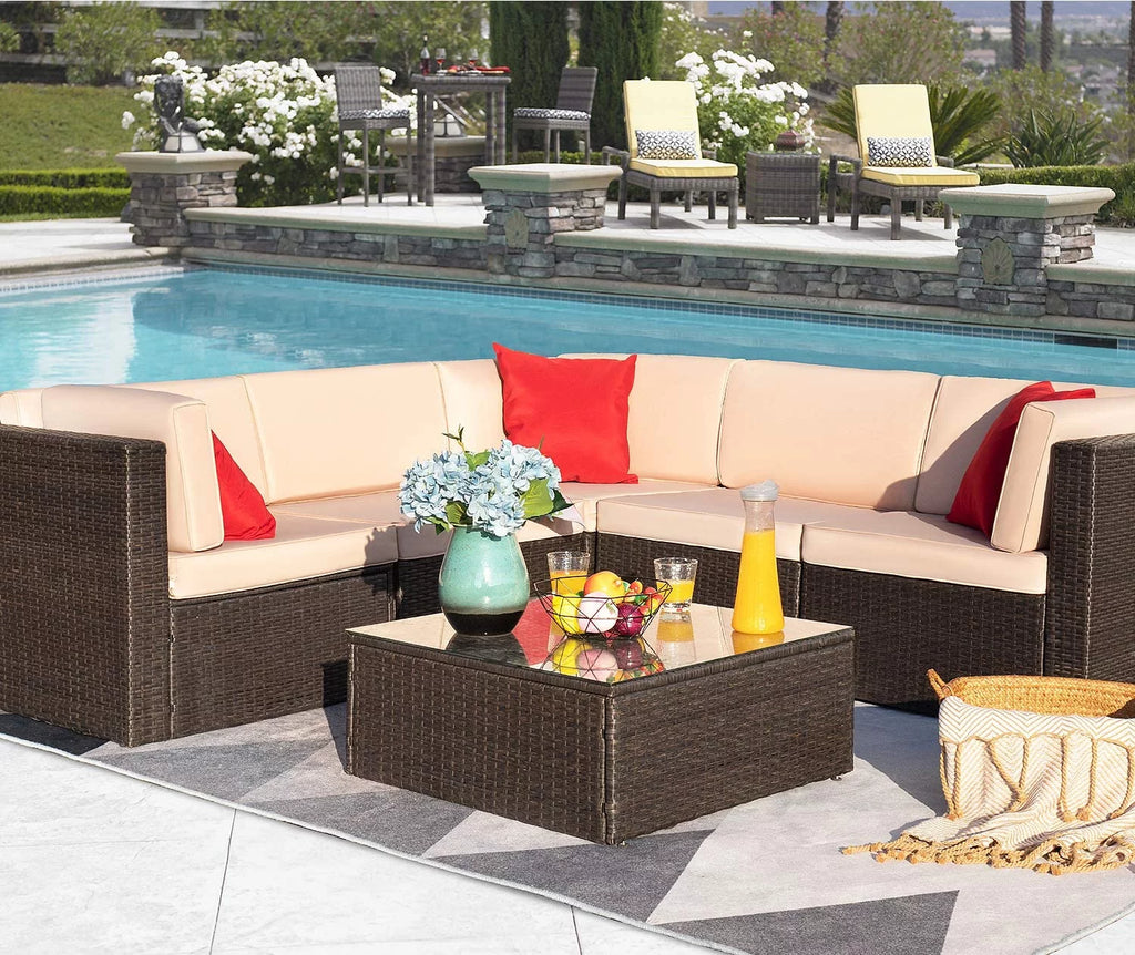 6 Piece PE Rattan Wicker Sofa Set with Cushions and Glass Table K662695