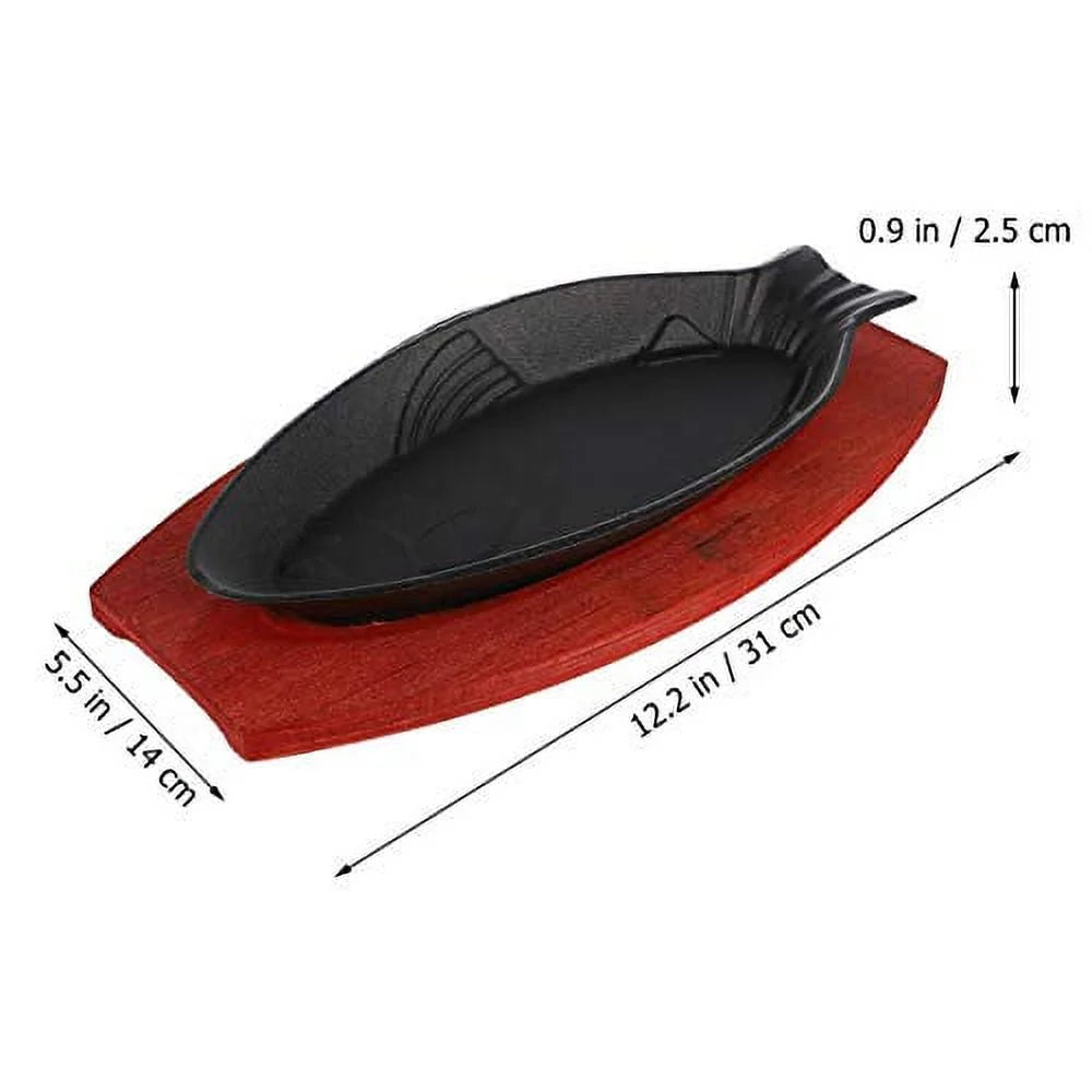 Cast Iron Fish Shaped Frying Pan with Wood Base J88949
