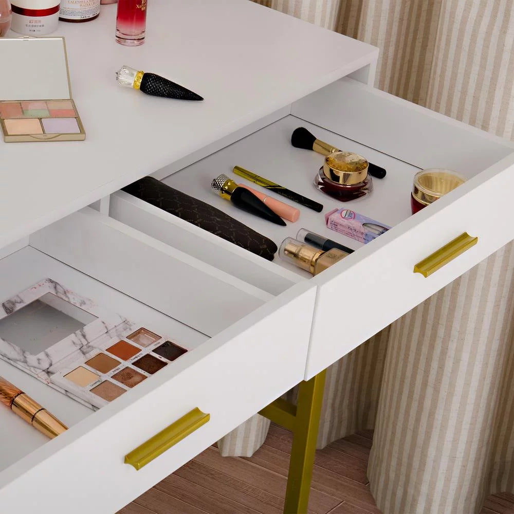 White Wooden Makeup Vanity with 9 LED Lights and 2 Drawers U412
