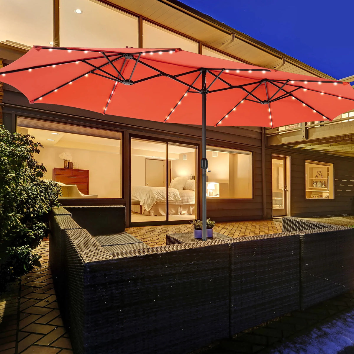 15FT Twin Patio Double-Sided Umbrella with 48 Solar LED Lights H207547