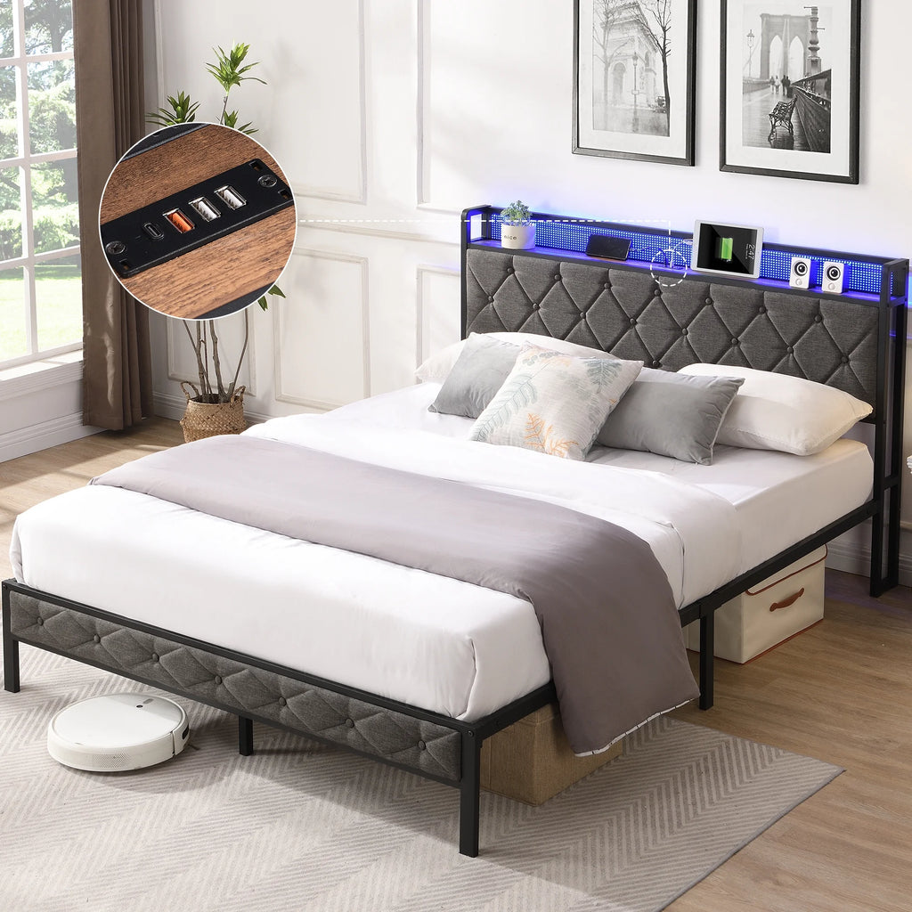 Full Size Upholstered Platform Bed with Storage Headboard F436331