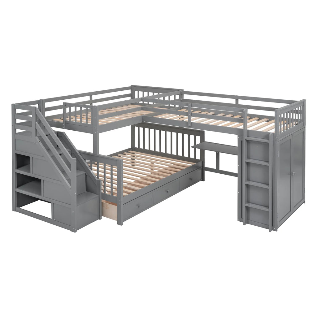 Twin-Twin Over Full L-Shaped Bunk Bed with Wardrobe and Desk J1258