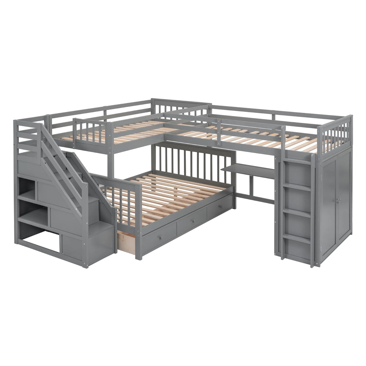 Twin-Twin Over Full L-Shaped Bunk Bed with Wardrobe and Desk J1258