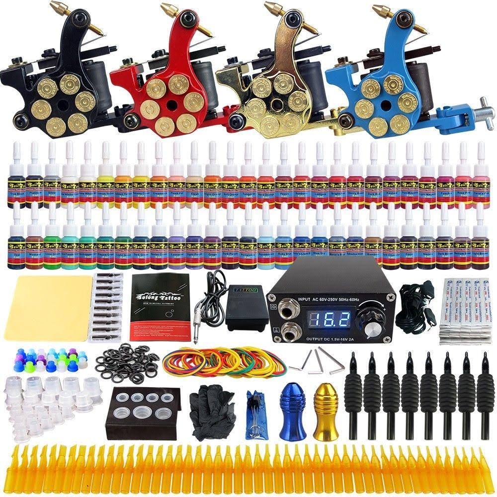 Complete Tattoo Kit 4 Pro Machine Guns 54 Inks Power Supply Foot Pedal Needles Grips Tips E135188