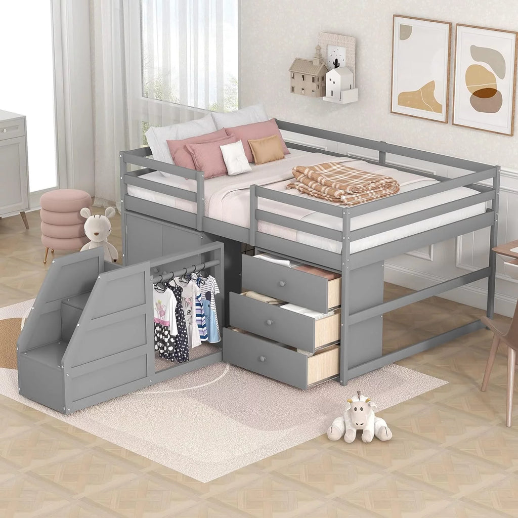 Full Size Solid Wood Bed Frame with Staircase and Drawers Grey W888