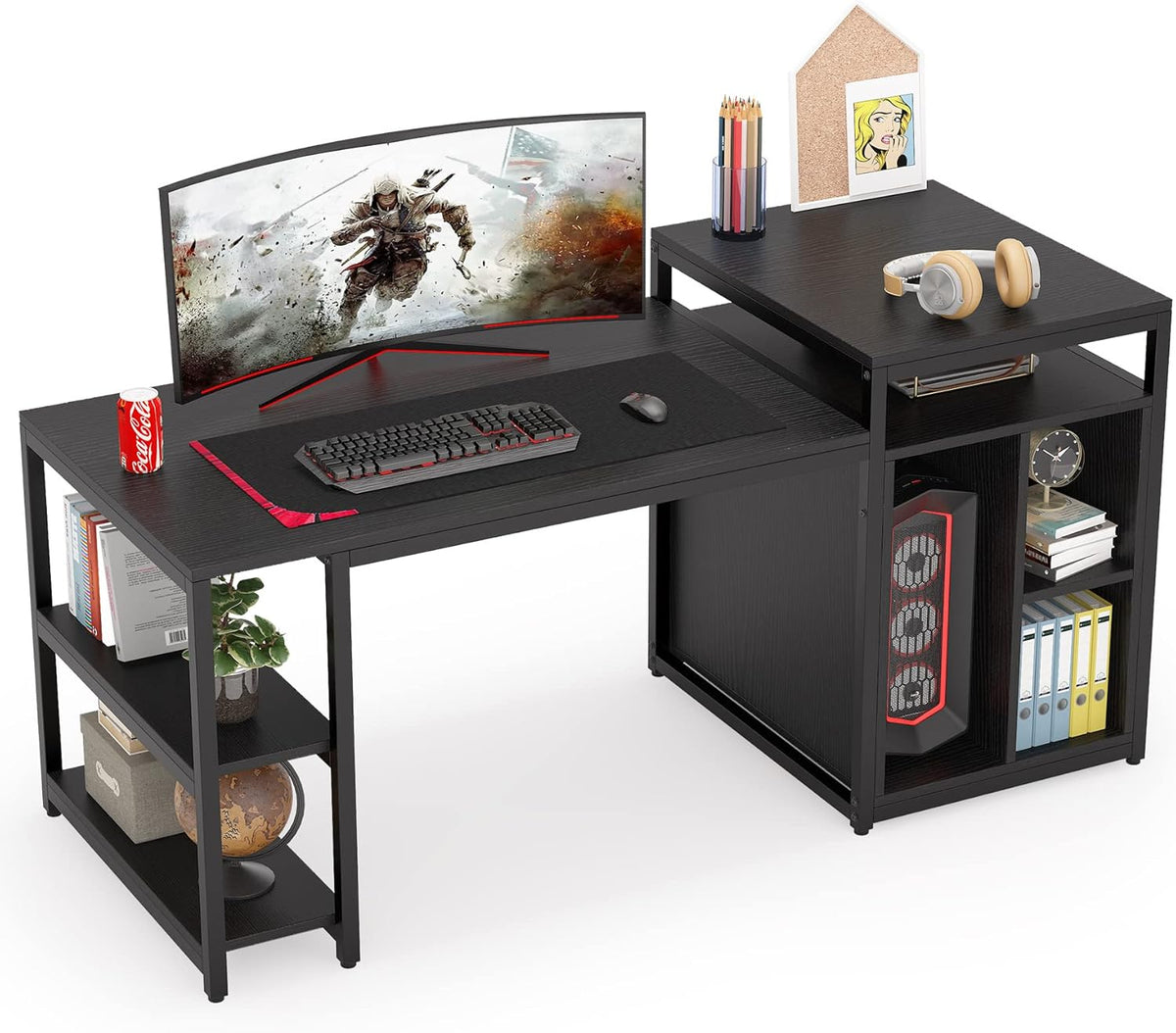 Extra Large Computer Desk with Storage Shelf and Cabinet, Dark Walnut T6832