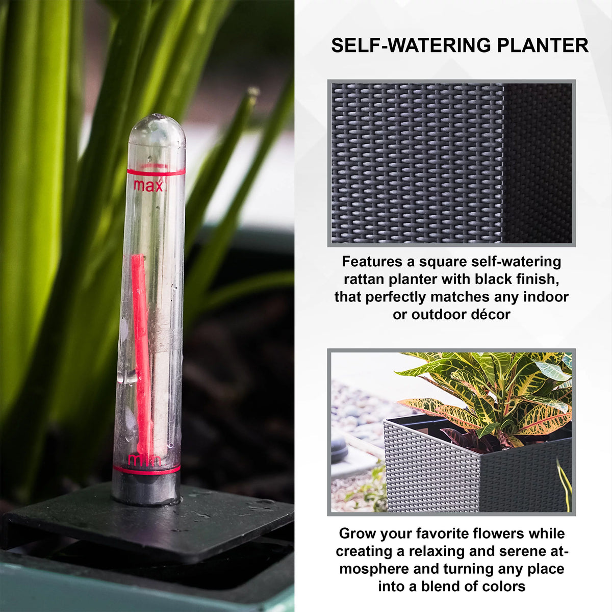 30" Black Rattan Self Watering Square Planter Pot C563