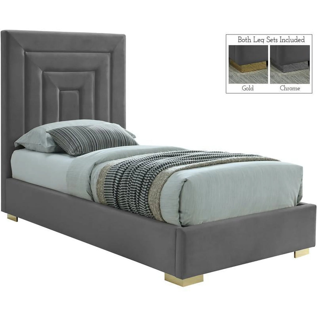 Gray Velvet Twin Bed with Chrome Legs E600