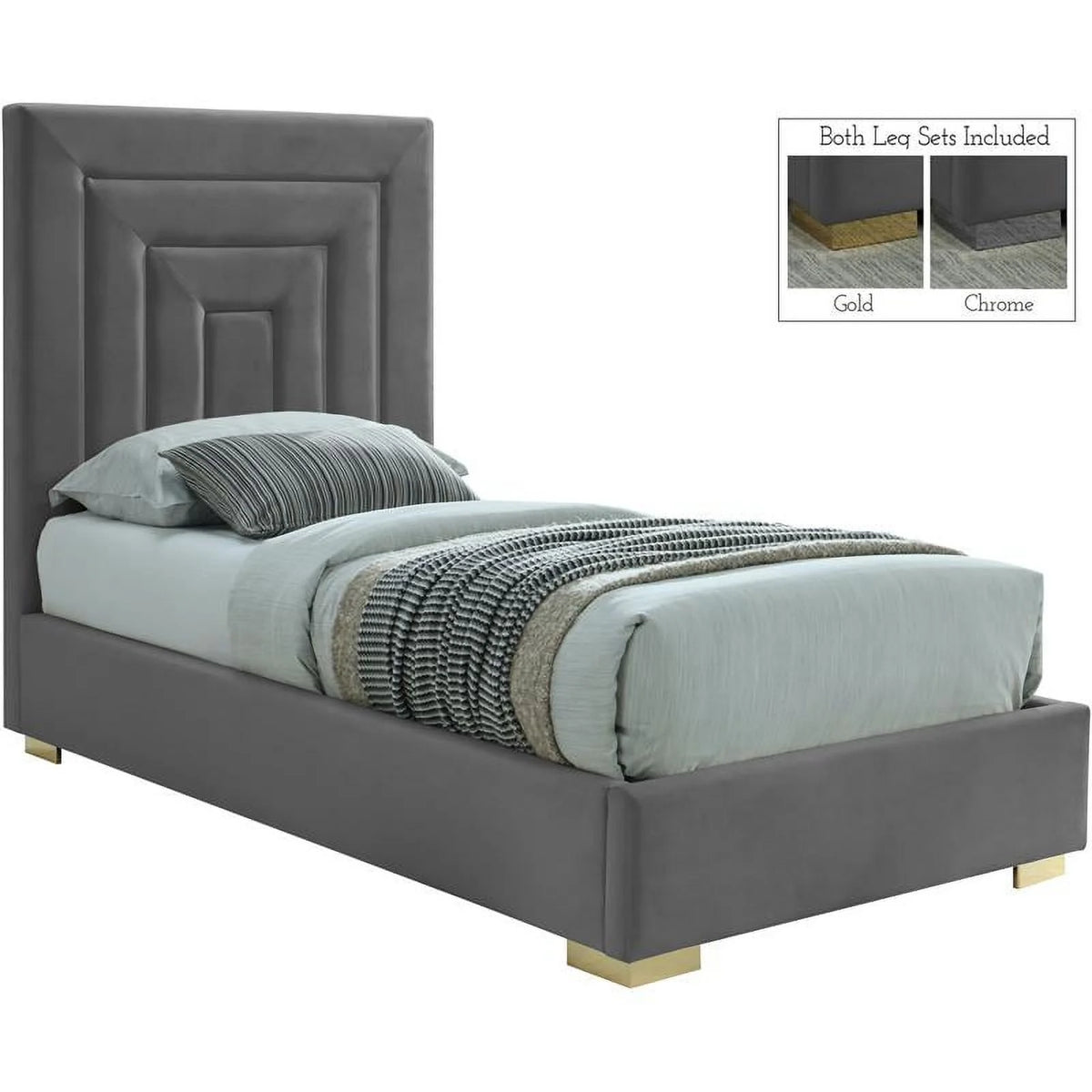 Gray Velvet Twin Bed with Chrome Legs E600