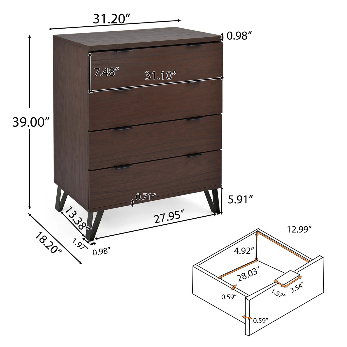 Walnut and Matte Black 4 Drawer Faux Wood Dresser B73259