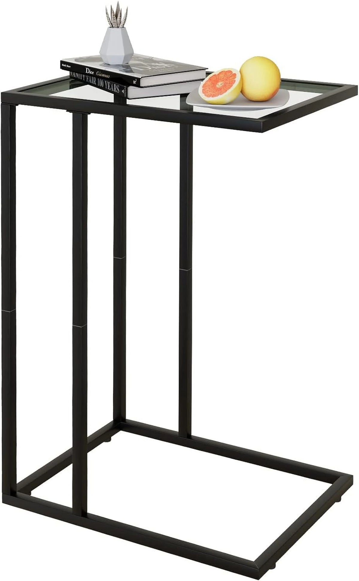 C Shaped Glass End Table with Metal Frame R9501