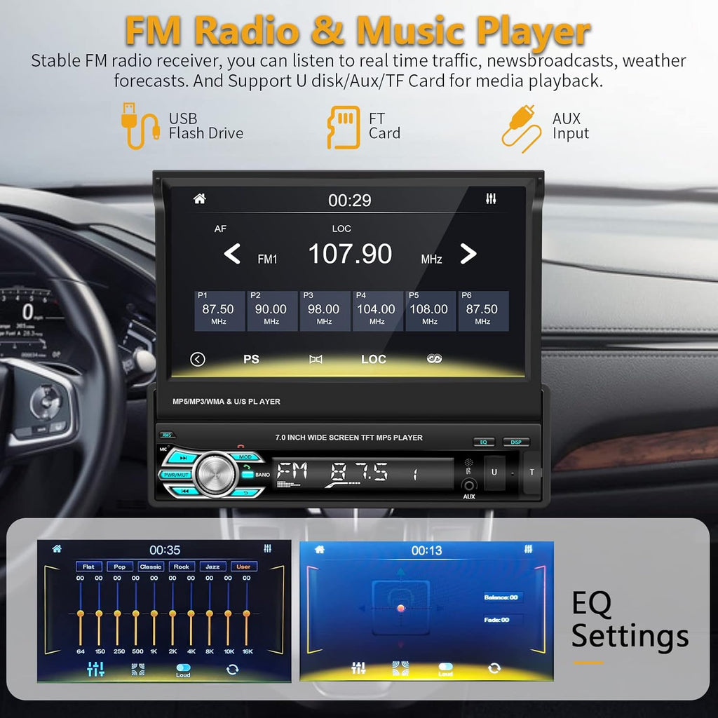 Single Din Car Stereo with CarPlay Android Auto Bluetooth Backup Camera 7” Flip Out Touch Screen Z378