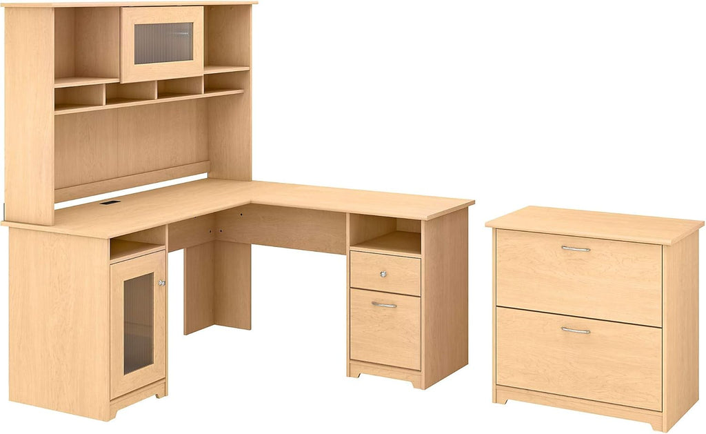 L Shape Desk with Hutch and Lateral File, Ash Gray O540559