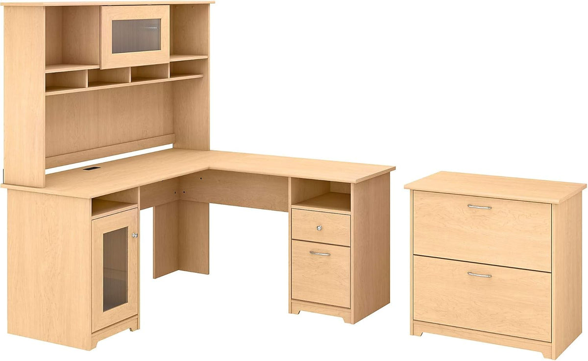 L Shape Desk with Hutch and Lateral File, Ash Gray O540559