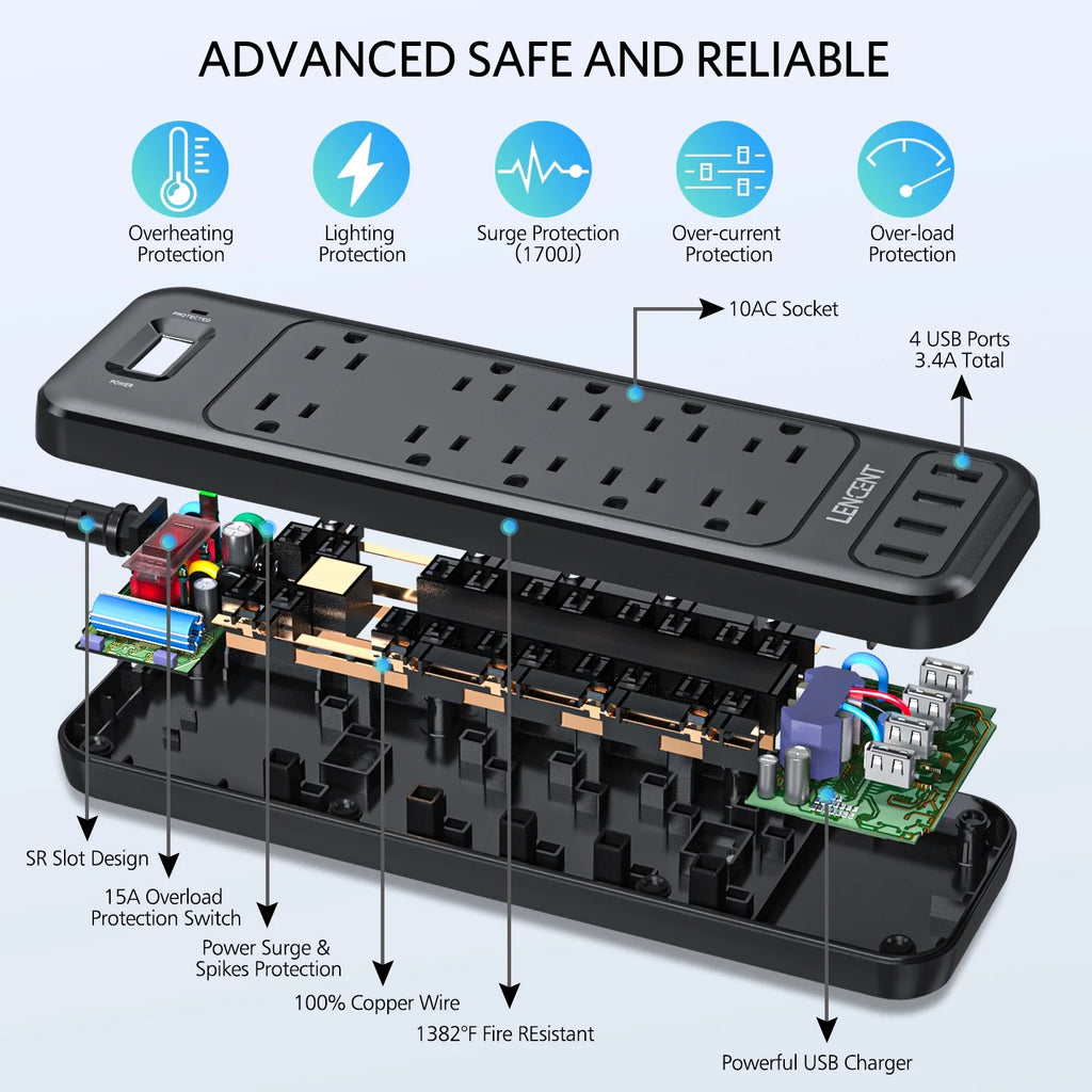 2 Prong Power Strip, 1700J Surge Protector, 6ft Extension Cord, 10 Outlets & 4 USB Ports J249479