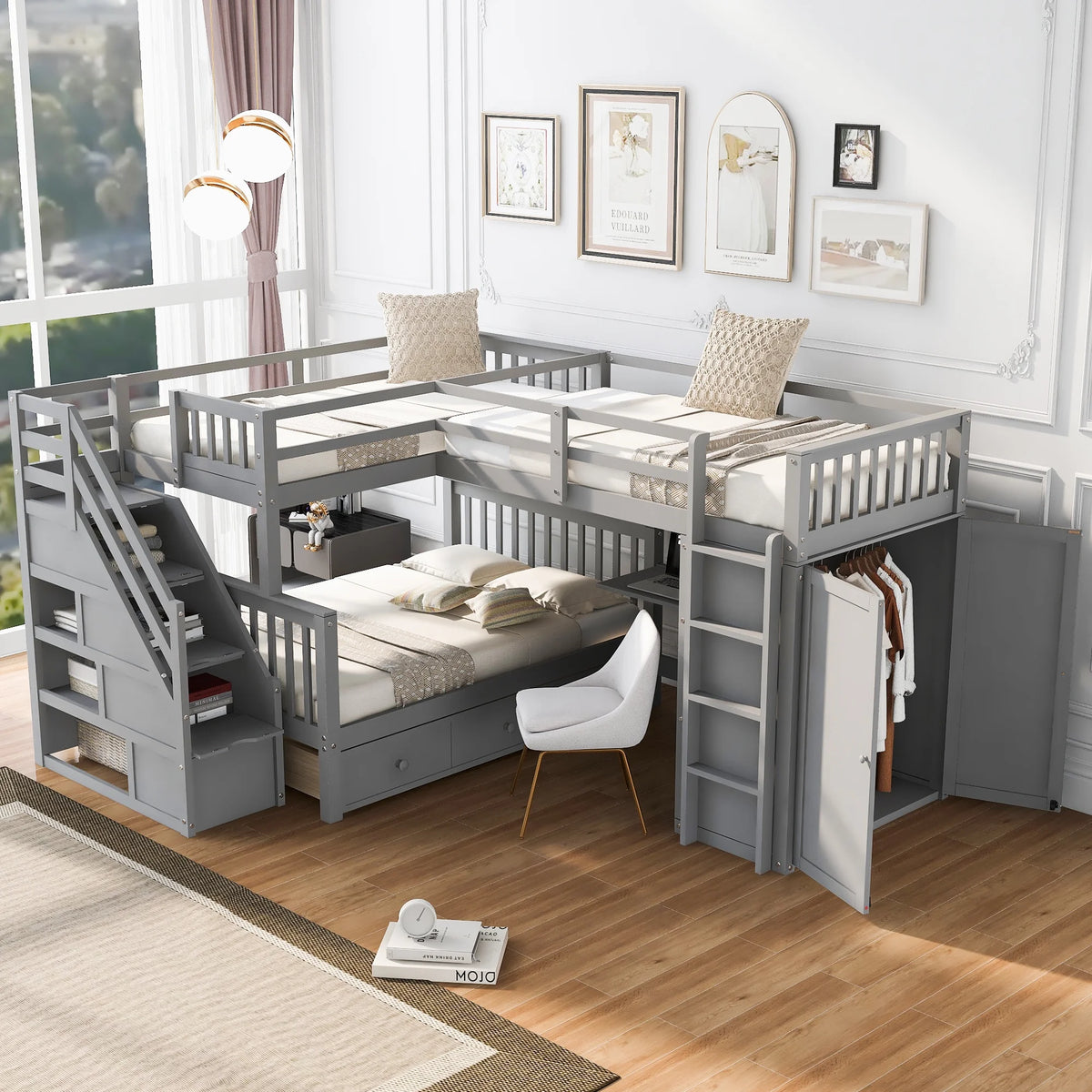 Twin-Twin Over Full L-Shaped Bunk Bed with Wardrobe and Desk J1258