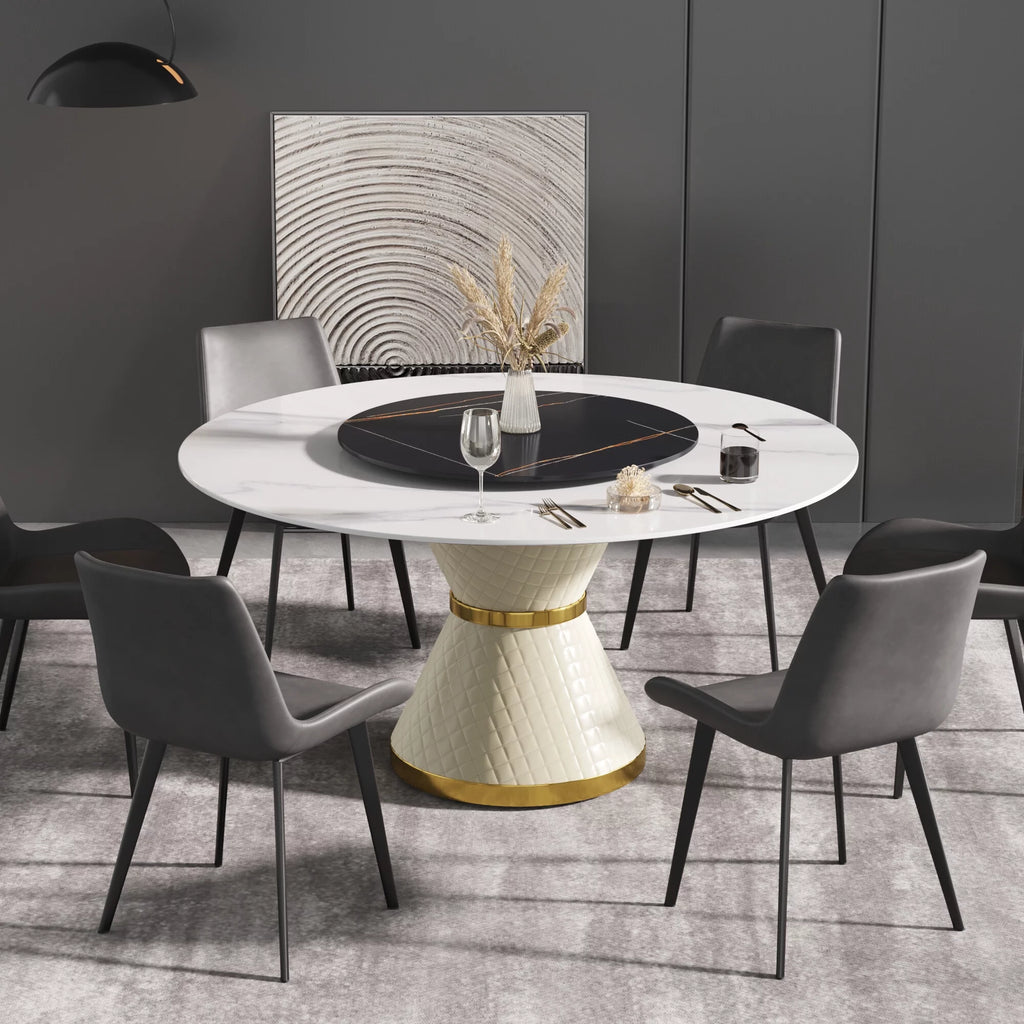 White Sintered Stone Round Dining Table with Black Slate Turntable Q427708