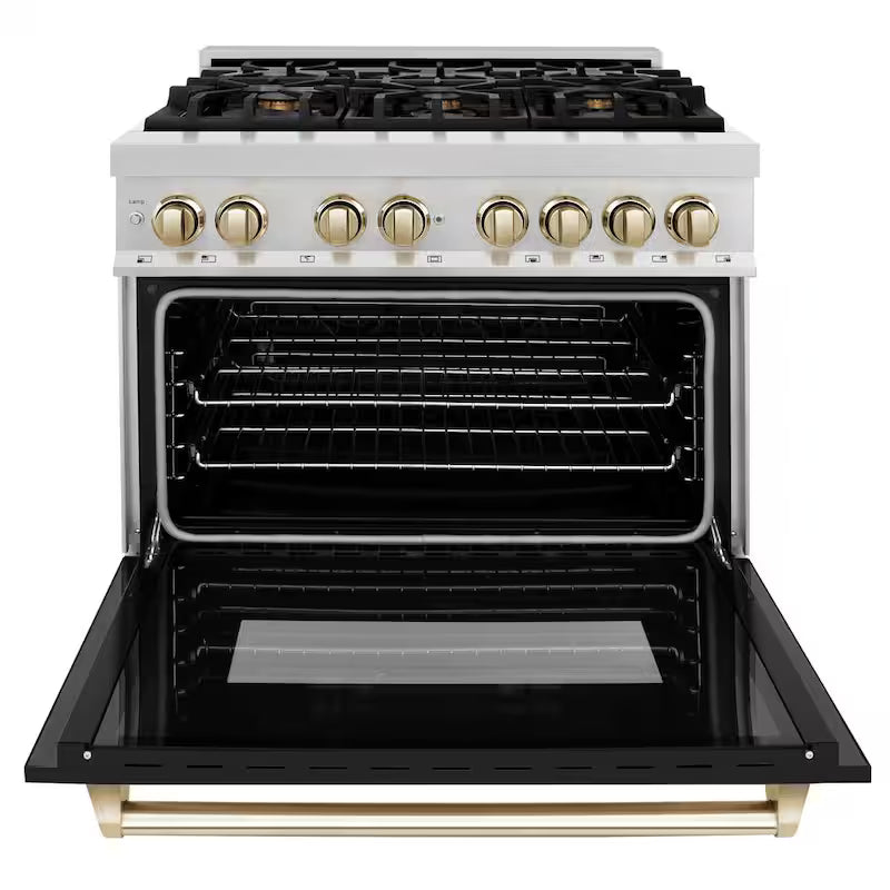 6-Burner Dual Fuel Range with Black Matte Door in Stainless Steel and Polished Gold U955