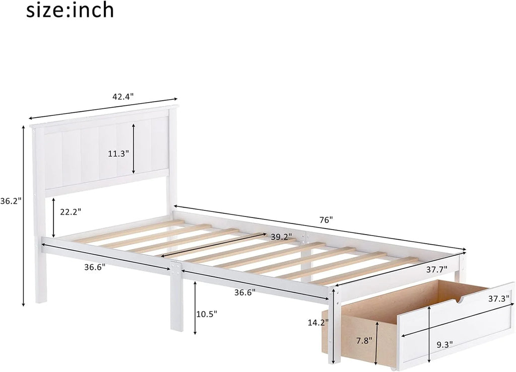 White Wood Bed with Drawers and Headboard L23428