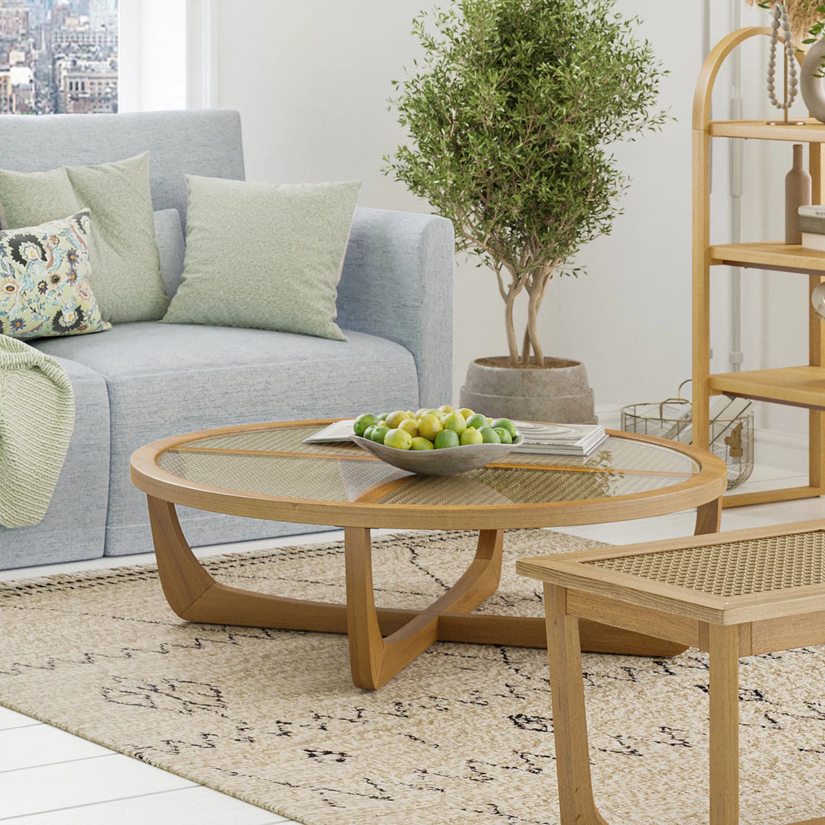 Rattan & Glass Coffee Table with Solid Wood Frame X5204