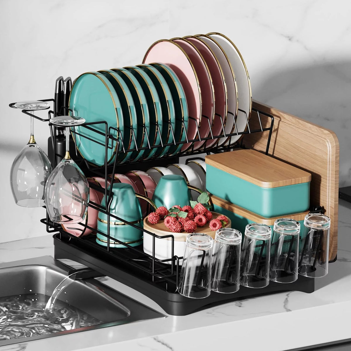 Large 2 Tier Black Dish Drying Rack with Drainboard Set I672493