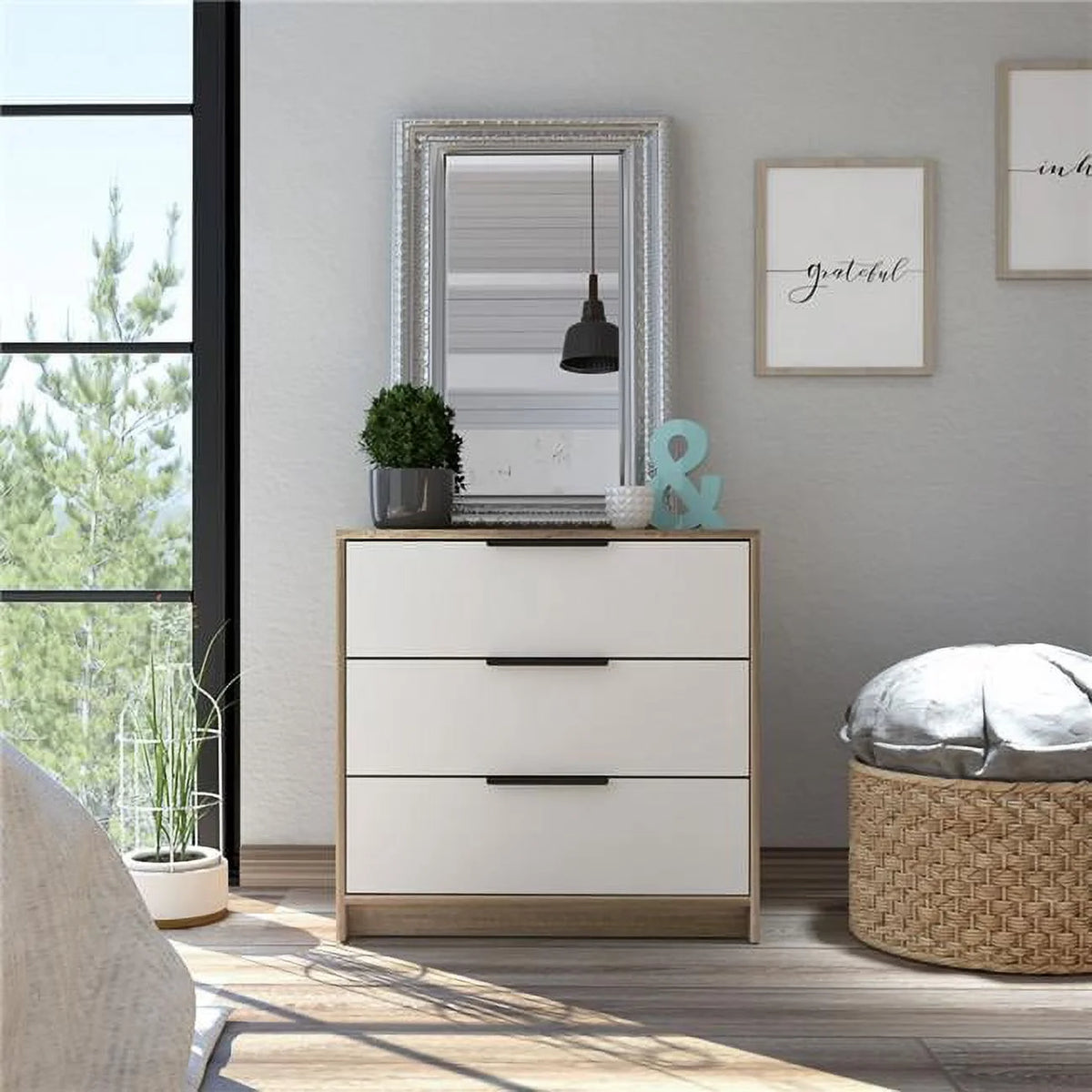 Light Oak & White 3 Drawer Wood Dresser J20349