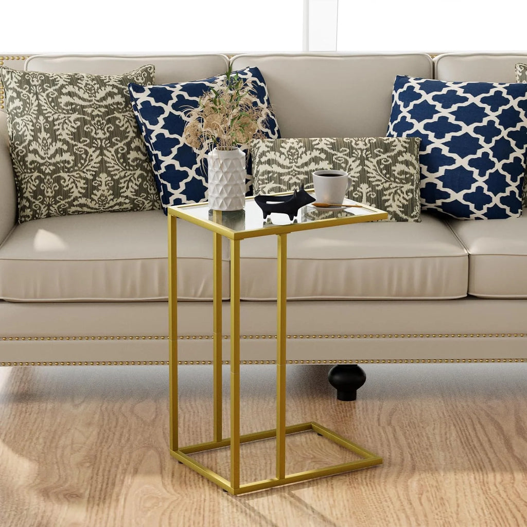 C Shaped Glass End Table with Metal Frame R9501