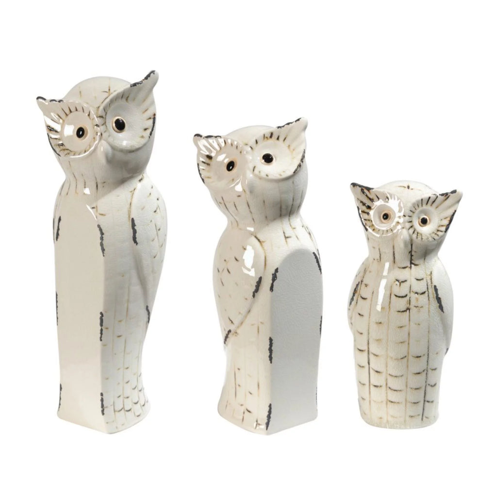 Set of 3 White and Black Owl Figurine Statues Q77670