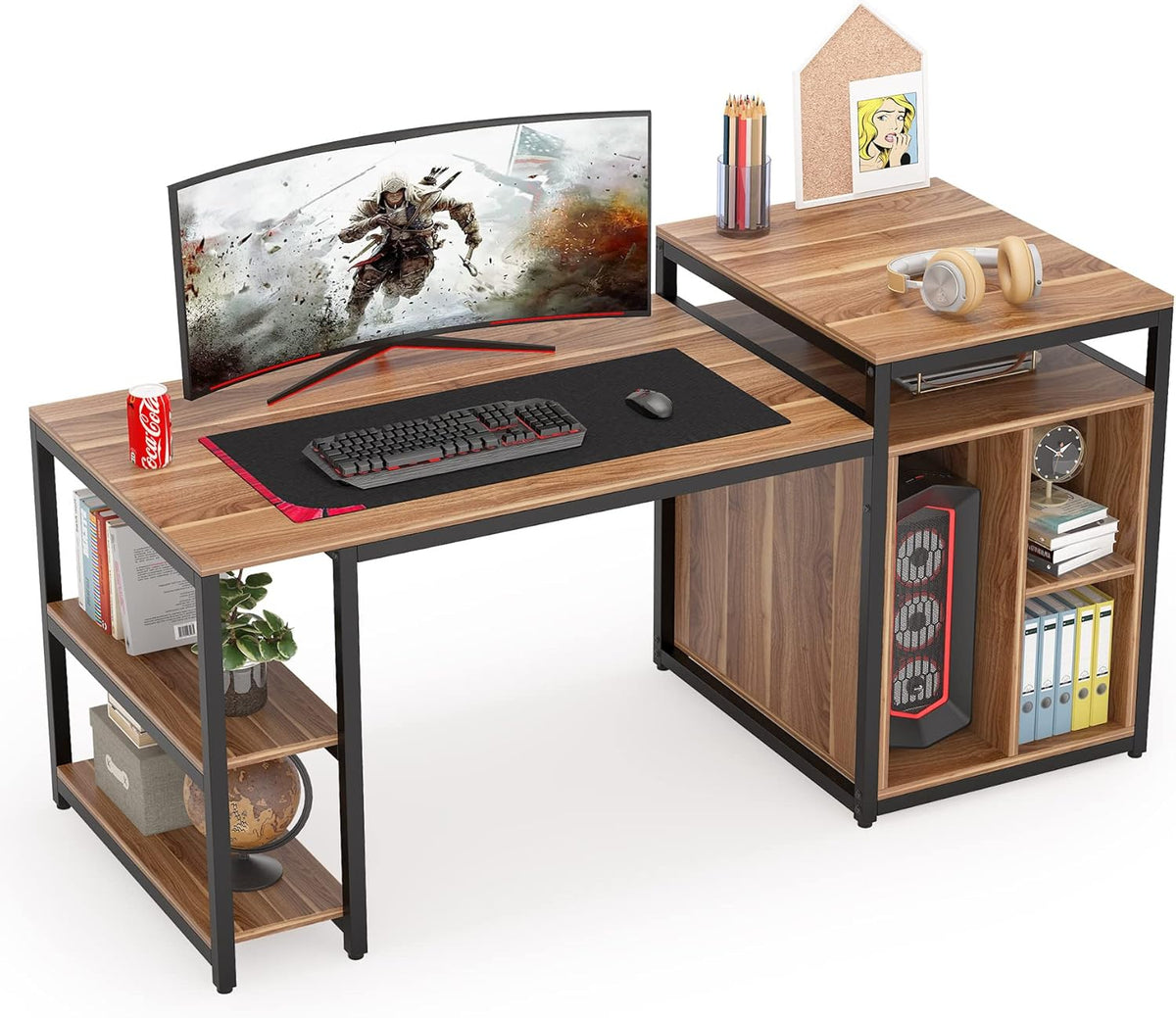 Extra Large Computer Desk with Storage Shelf and Cabinet, Dark Walnut T6832