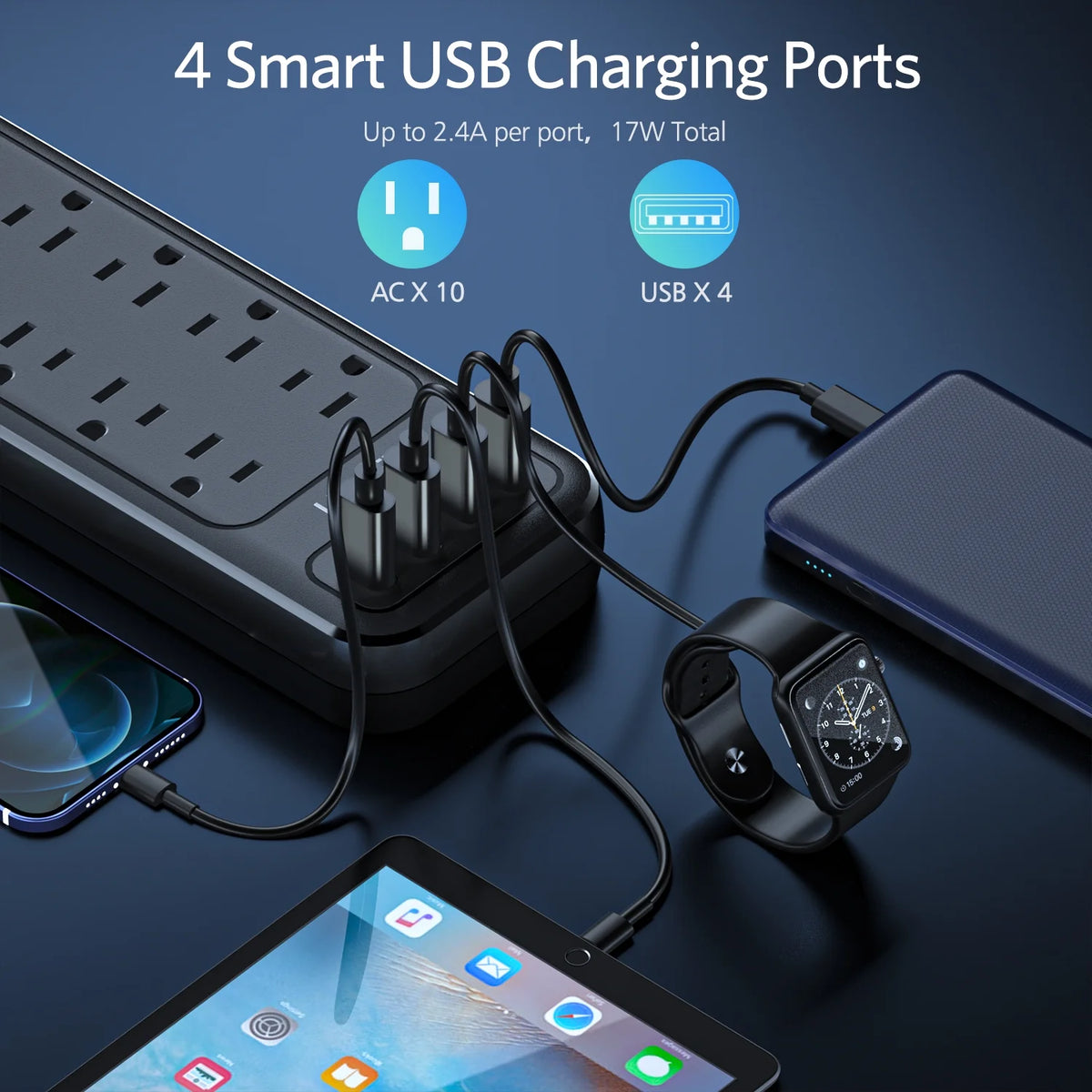 2 Prong Power Strip, 1700J Surge Protector, 6ft Extension Cord, 10 Outlets & 4 USB Ports J249479