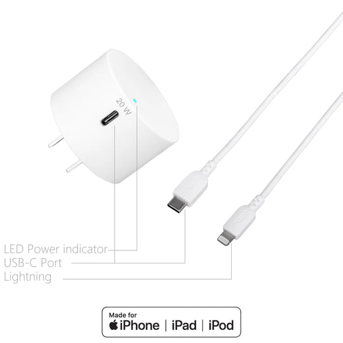 20W Power Delivery Wall Charging Kit with Lightning to USB-C Cable, White W46772