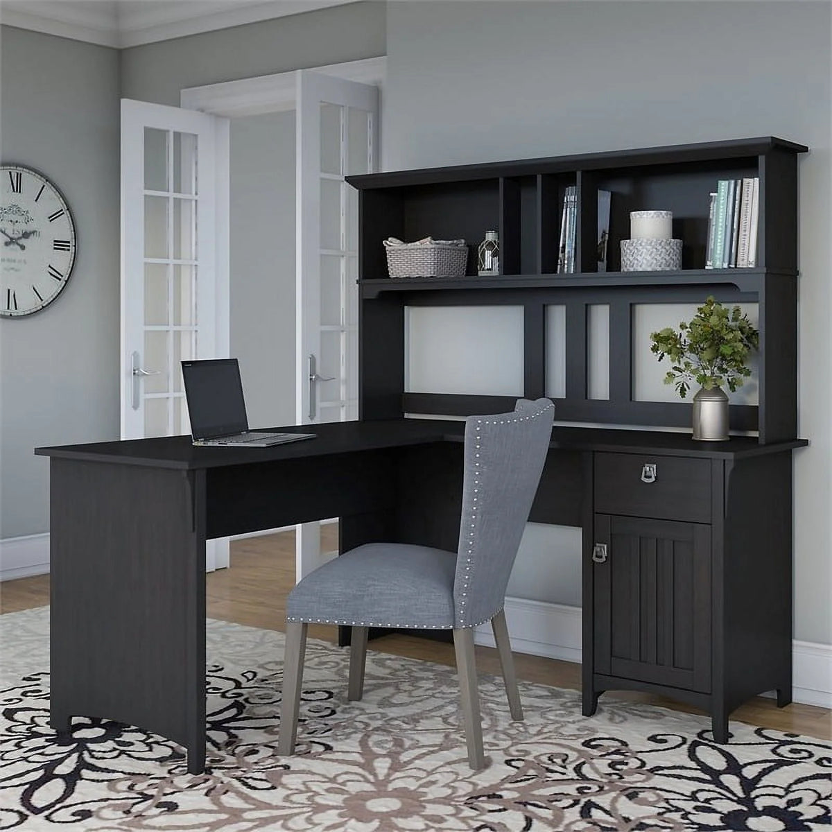 60" Wood L Shaped Desk with Hutch T8244