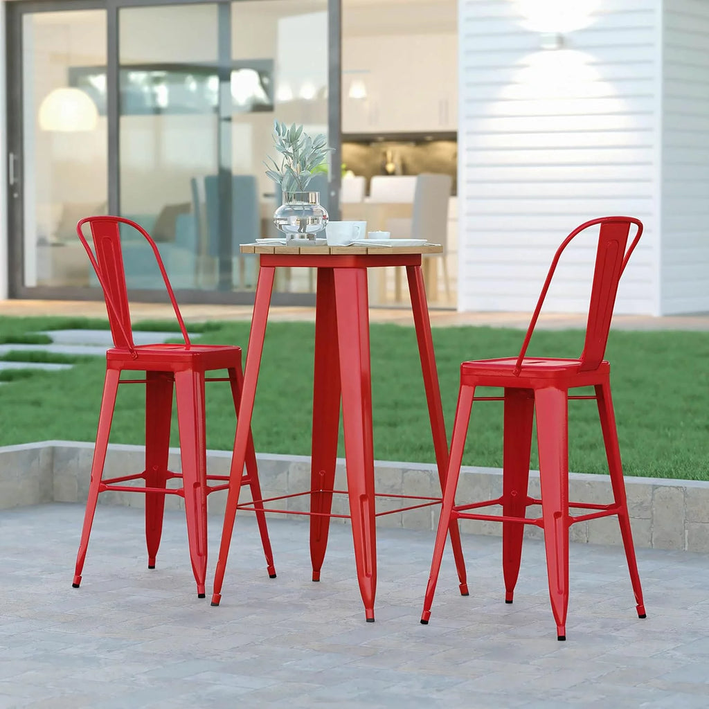 Indoor/Outdoor Bar Top Table Brown Resin Top Red Steel Base L5519