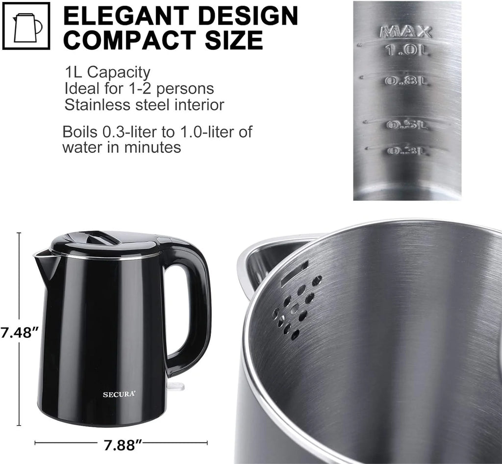 Stainless Steel Double Wall Electric Kettle 1.0L Black A481152