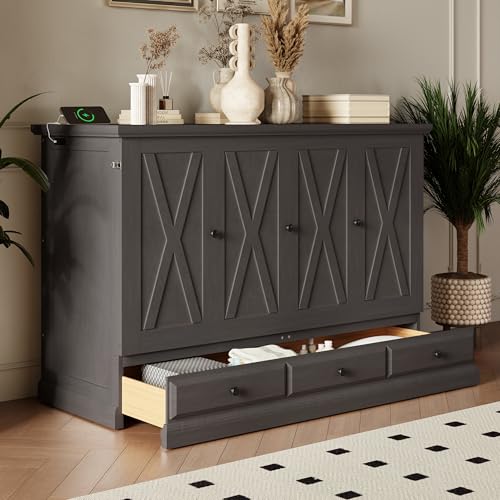 Queen Size Solid Pine Murphy Bed with Charging Station and Storage Drawer N6316