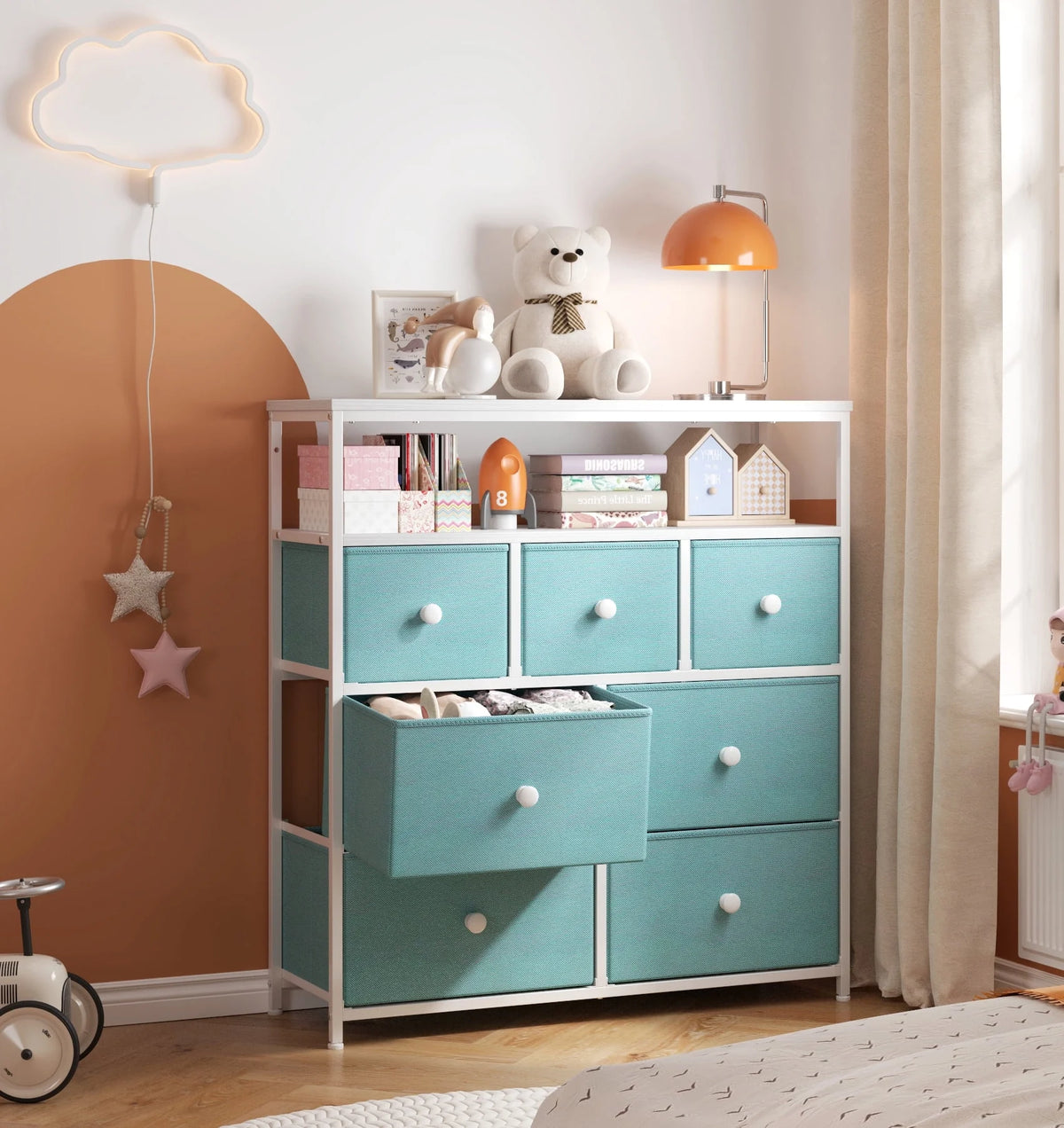 Pink 7 Drawer Fabric Dresser with Wood Shelves F99111