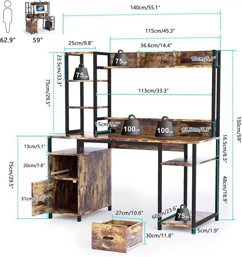 55" Computer Desk with Hutch and Storage Shelf F74186