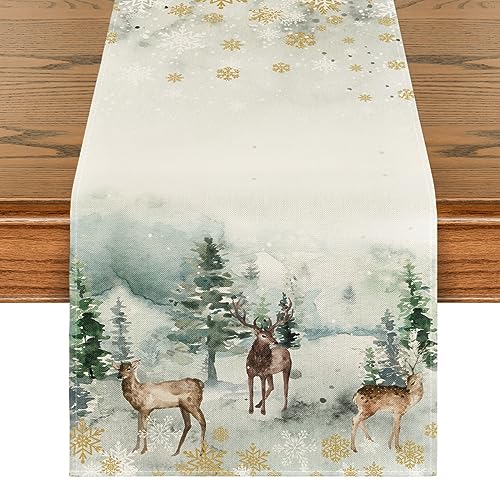 Watercolor Deer Trees Snowflakes Christmas Table Runner 13 x 72 Inch V613598