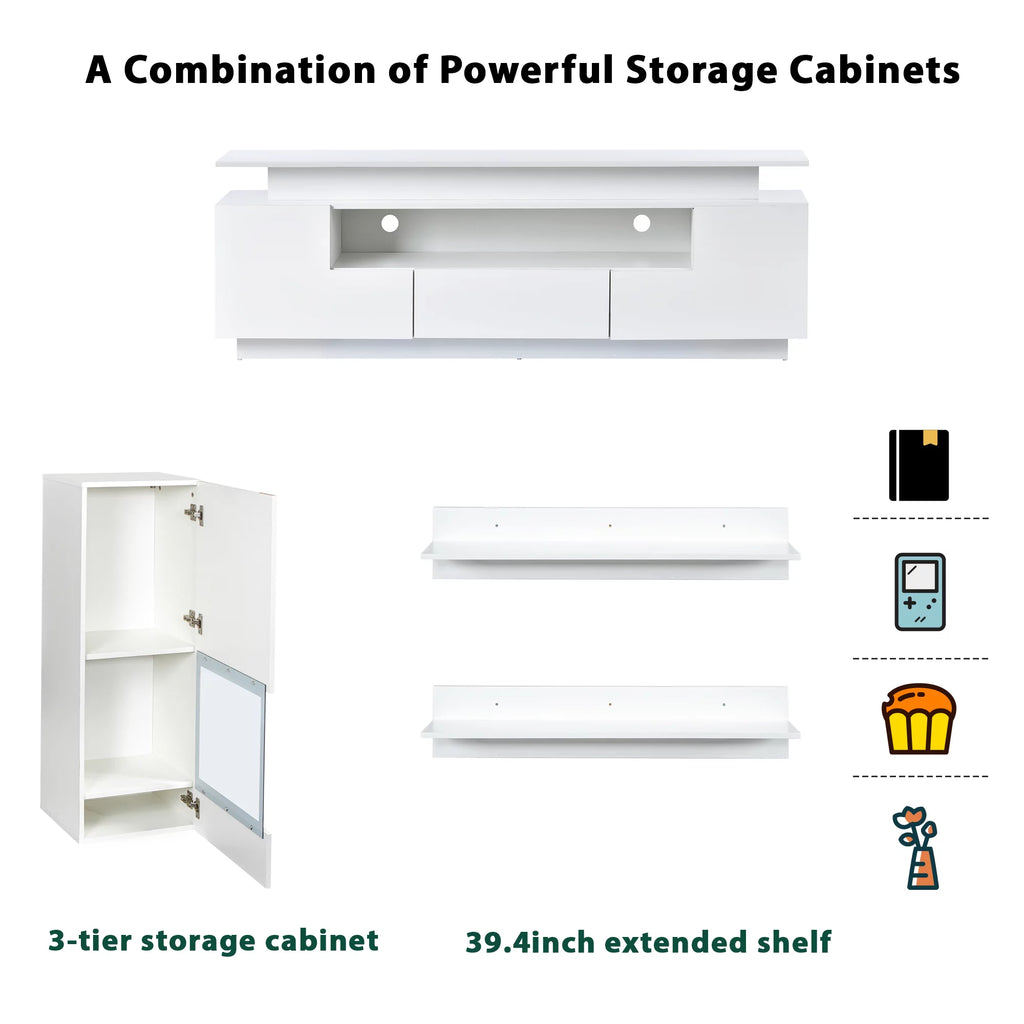 White High Gloss Wall Mounted TV Stand with LED Light Strips C9299