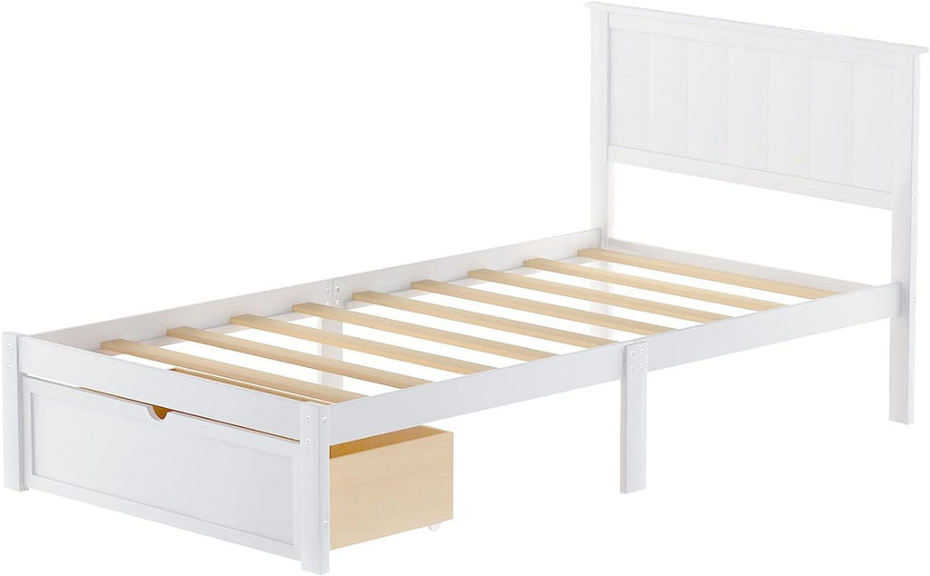 White Wood Bed with Drawers and Headboard L23428