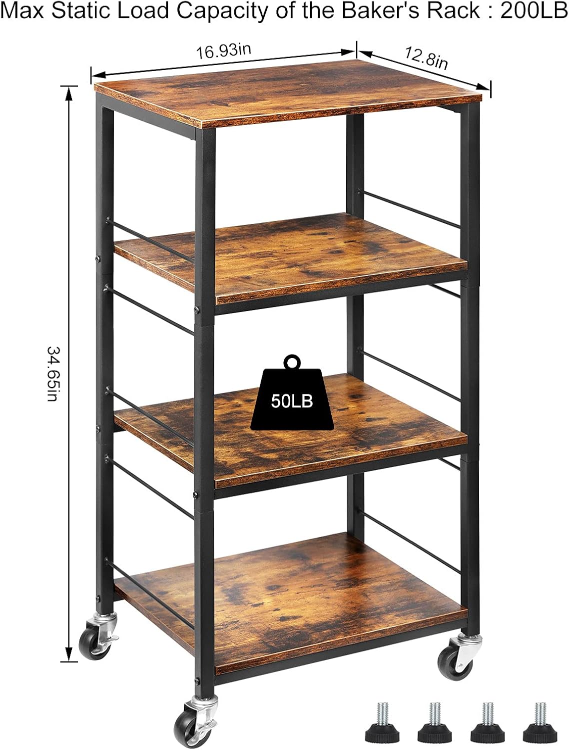 4-Tier Wood Kitchen Baker's Rack on Wheels F929