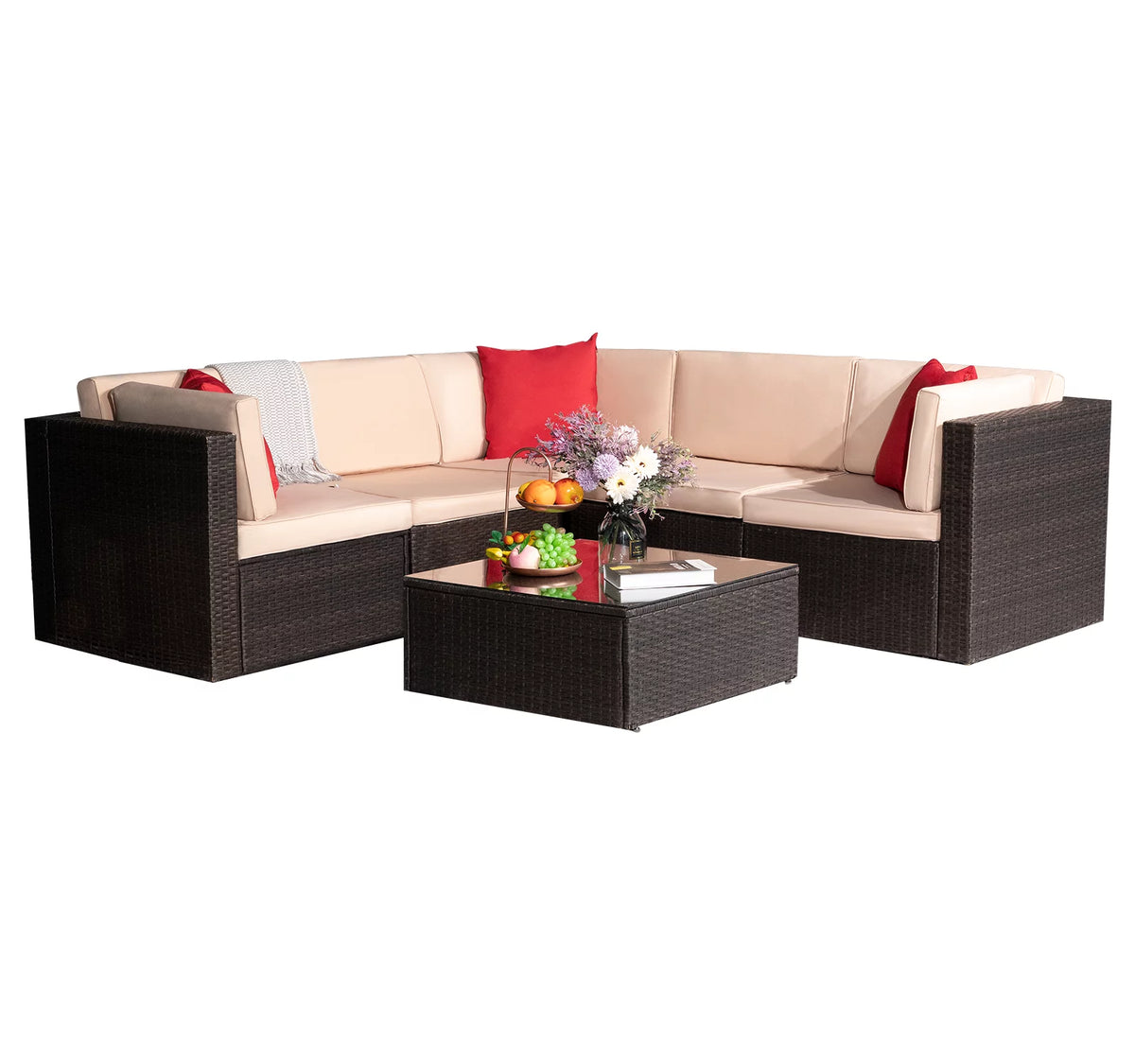 6 Piece PE Rattan Wicker Sofa Set with Cushions and Glass Table K662695