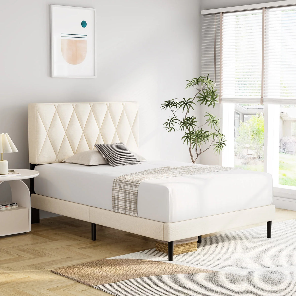 Queen Size Platform Bed with Upholstered Headboard T32203