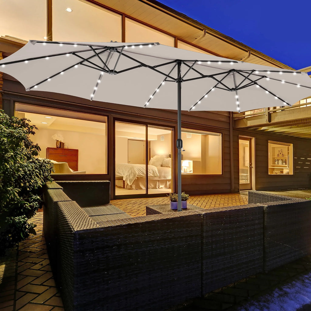15FT Twin Patio Double-Sided Umbrella with 48 Solar LED Lights H207547