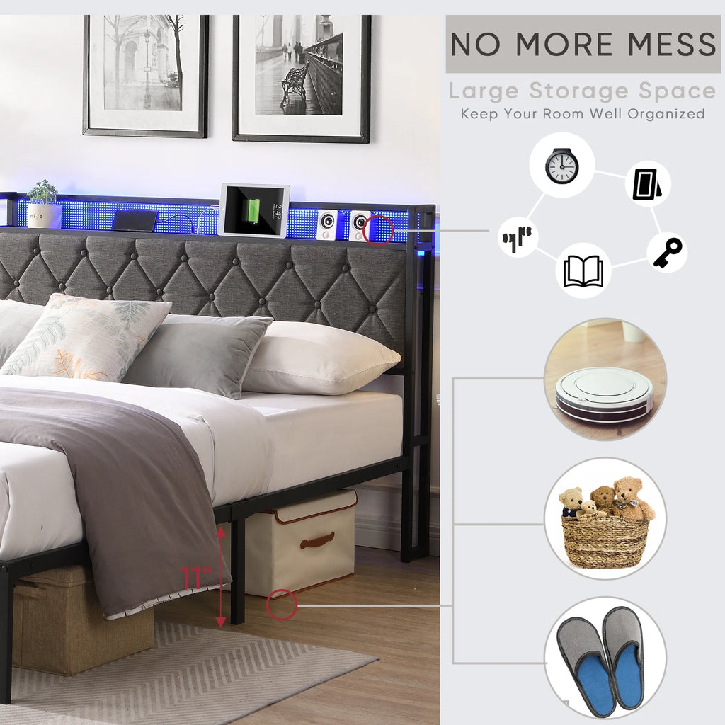 Full Size Upholstered Platform Bed with Storage Headboard F436331