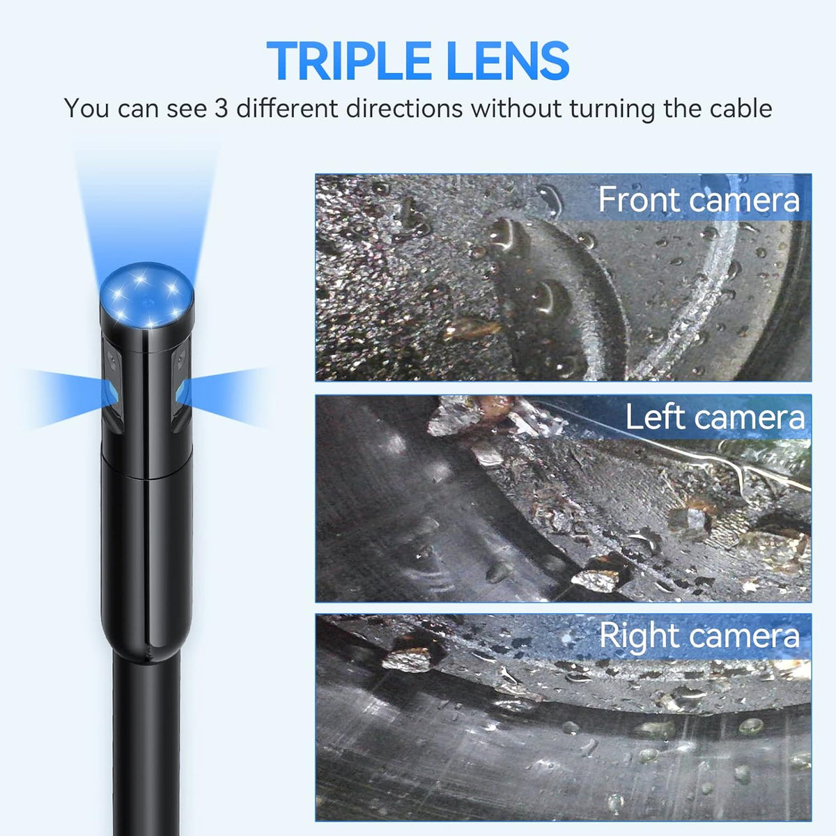 Triple Lens Endoscope Borescope Inspection Camera with 5'' Screen 16.5ft Y74289