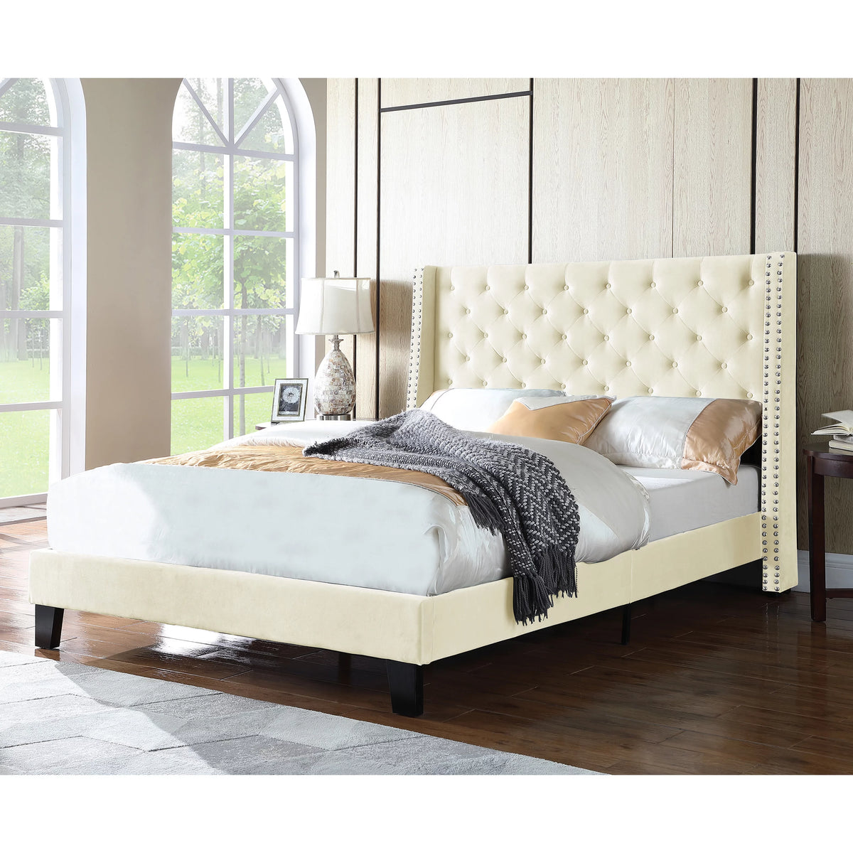 Beige Queen Polyester Platform Bed with Nailhead Trim W855