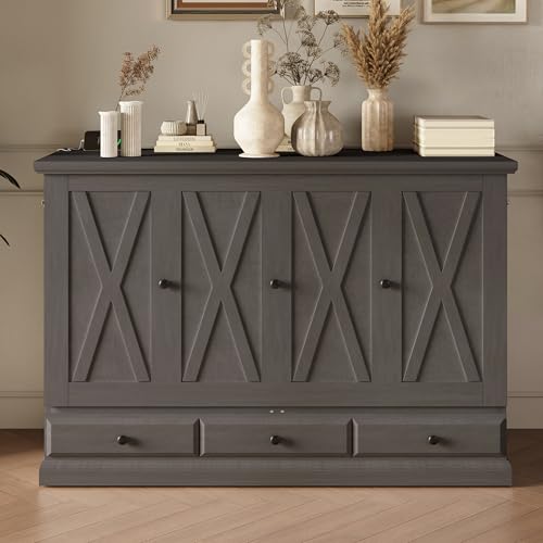Queen Size Solid Pine Murphy Bed with Charging Station and Storage Drawer N6316