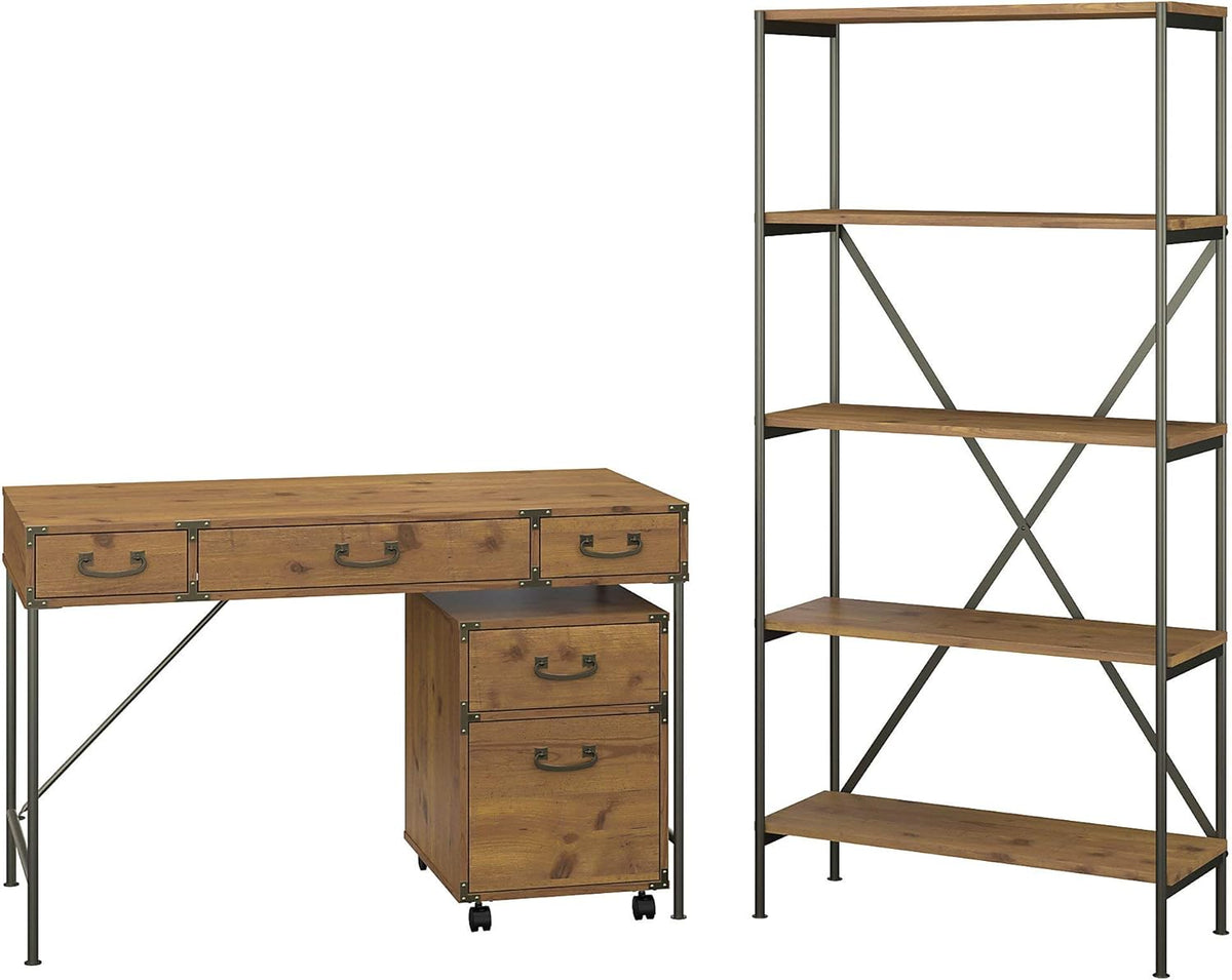 Vintage Golden Pine Writing Desk with File Cabinet and Bookcase L142467
